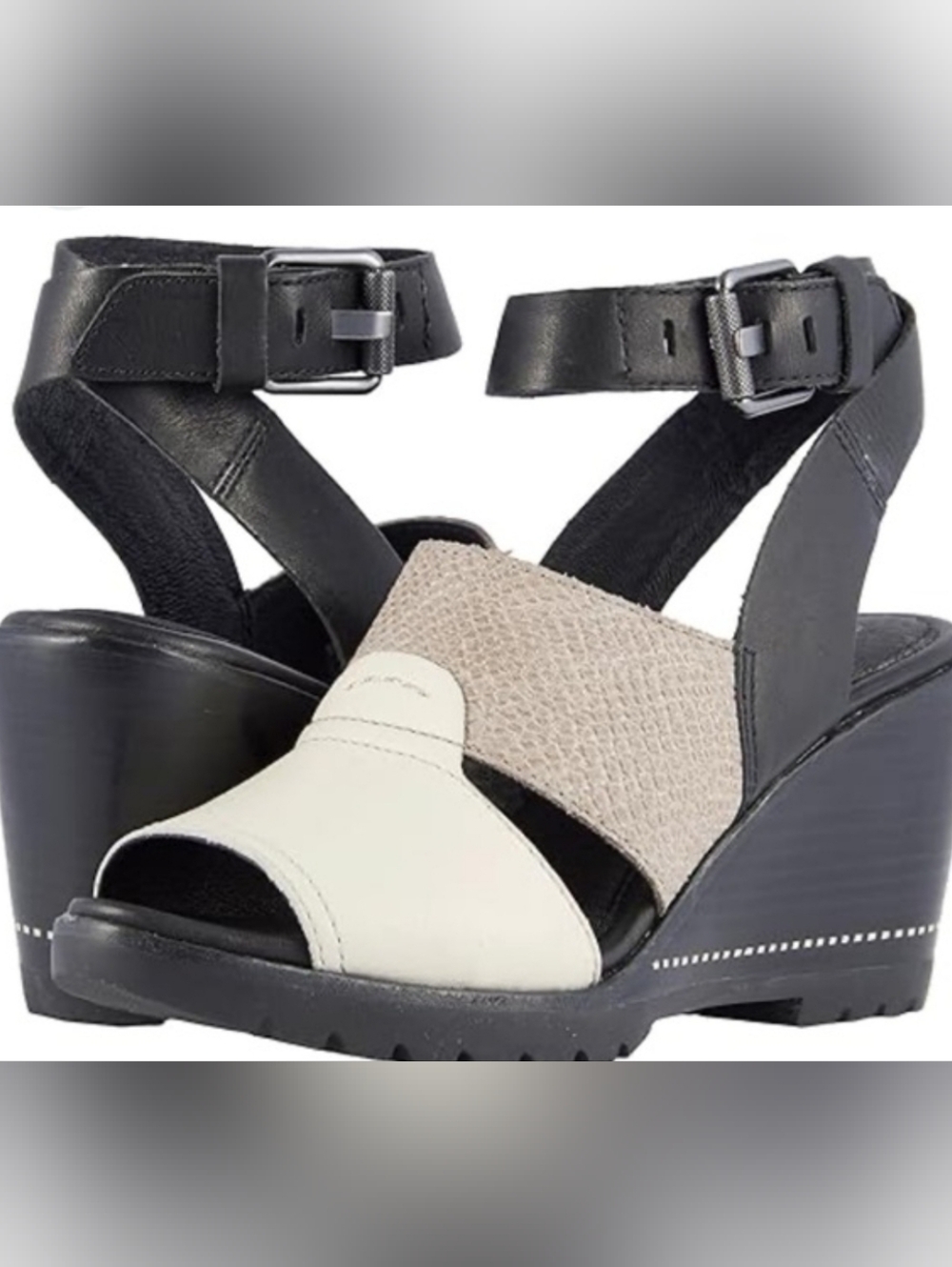 Sorel Black and Cream Wedge Sandals with Textured Taupe Strap